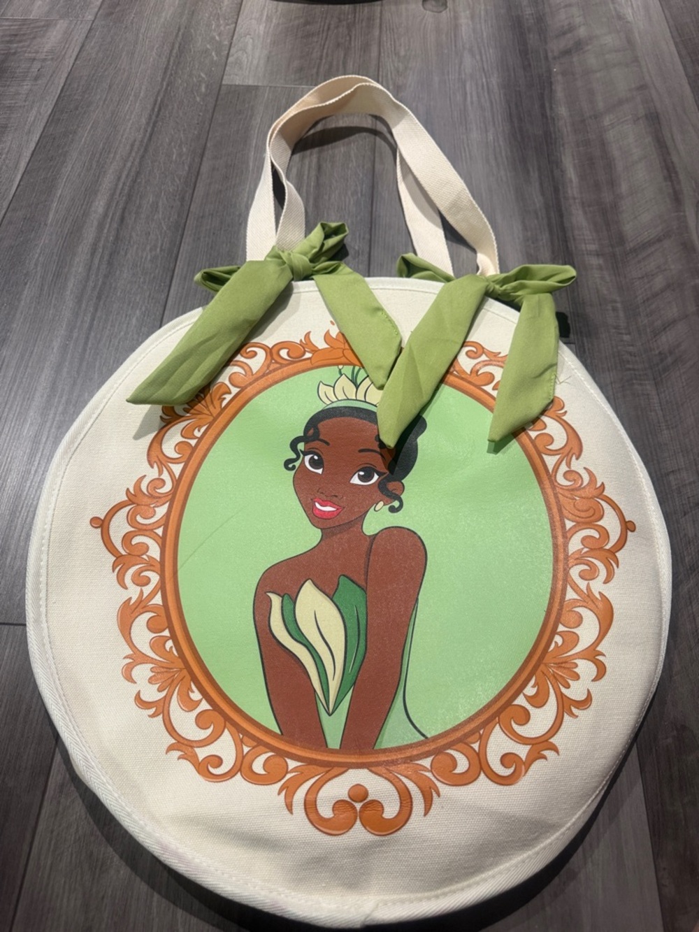 Tiana Canvas Round Tote Bag with Green Accent  bow